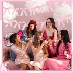 2 Pcs Pink Bow Garland Banner, Pre-Strung Pink Satin Ribbon Bow Garland Coquette