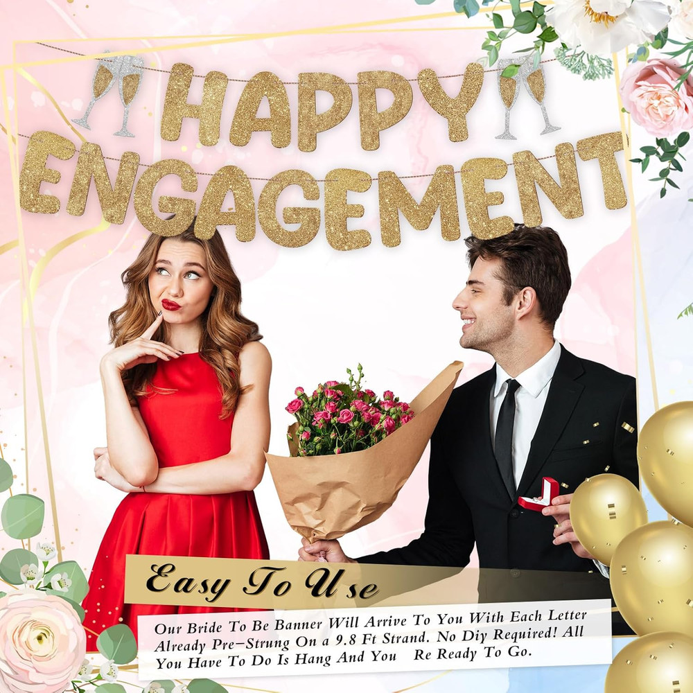 Pre Strung Happy Engagement Banner Glitter Engagement Party Decorations for C…