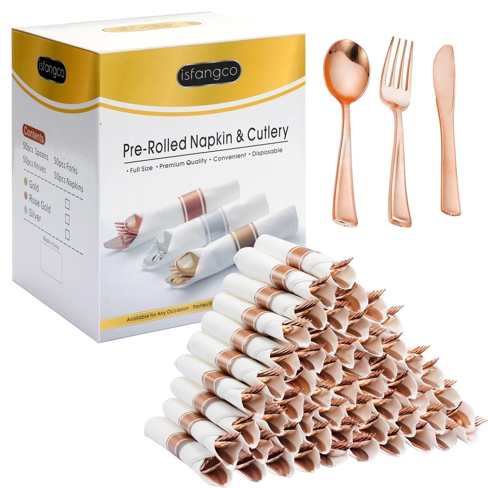 50 Pack Pre Rolled Rose Gold Plastic Silverware Set with Napkins,Disposable W…