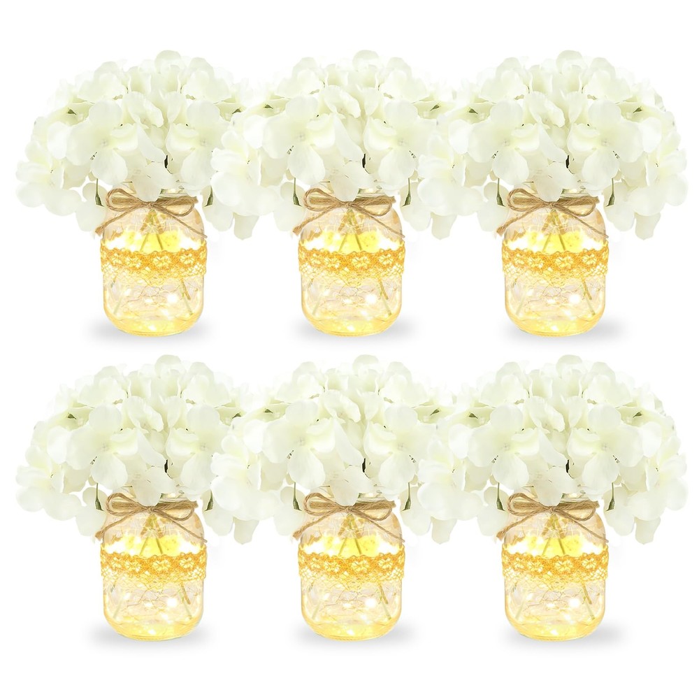 Mason Jar Table Centerpiece Set of 6 With White Hydrangea artificial Flowers …