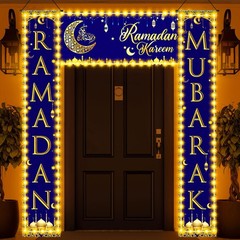 3 Pcs Ramadan Mubarak Door Decorations Eid Mubarak Lights Banner with 6 LED L…