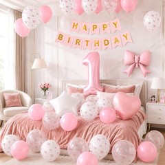 1st Pink Bow Birthday Decorations for Girls,Pink White Clear Bow Latex Balloo…