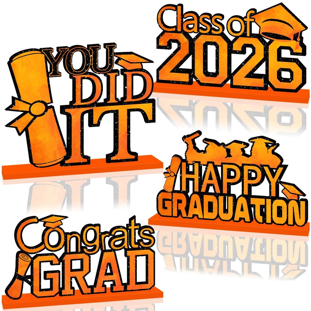 4pcs Orange and Black Graduation Decorations 2026 Wood Table Centerpieces,Happy