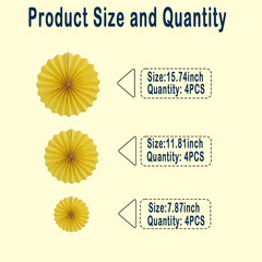 Yellow Party Hanging Paper Fans DIY Set，12Pcs Set Paper Fans Set Hanging Pinwhee