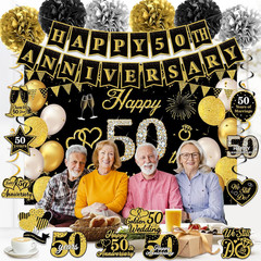 50Th Wedding Anniversary Party Decorations Supplies Kit – 41PCS Black Gold Happy