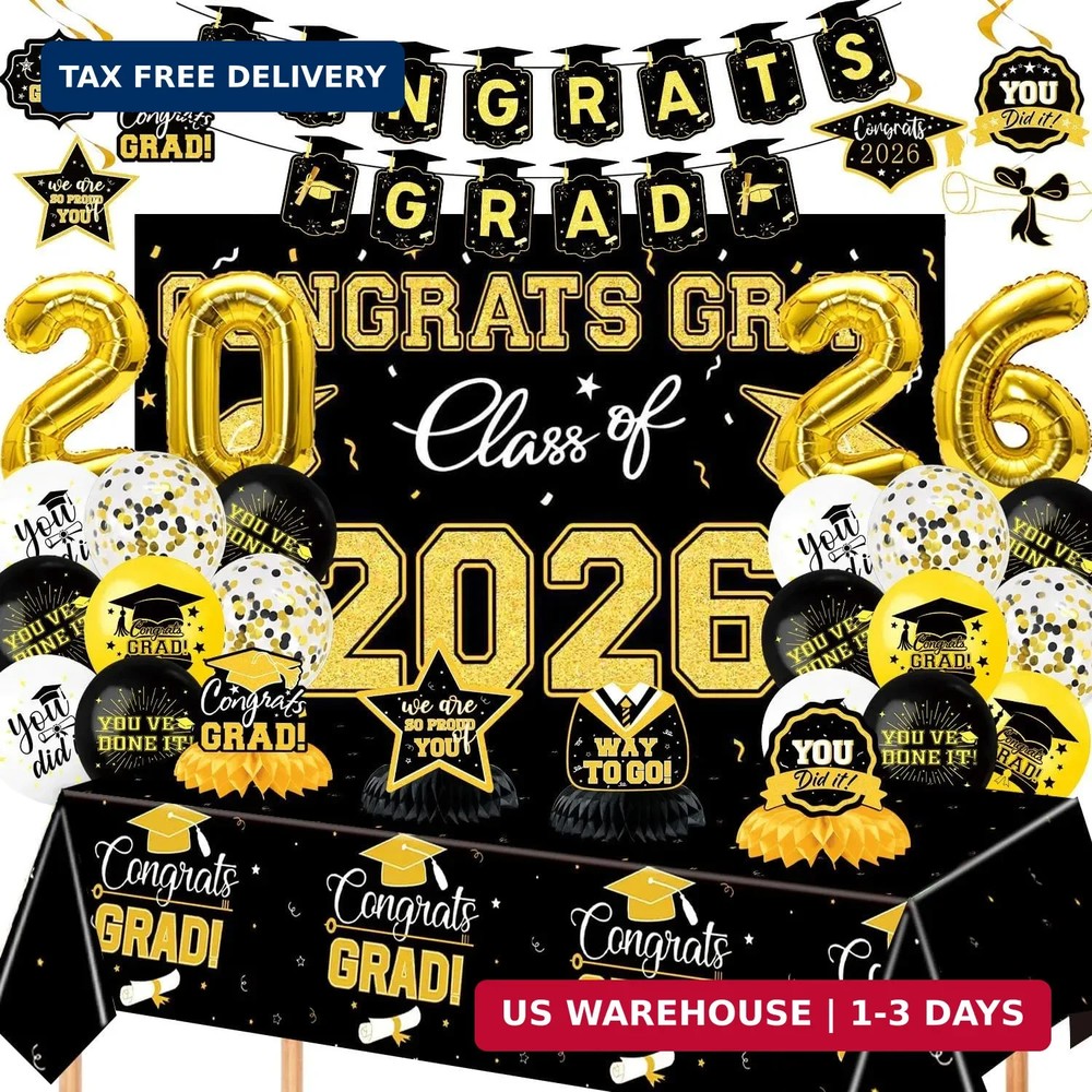 Graduation Decorations 2026 37 PCS – Black Gold Class of 2026 Party Supplies Kit