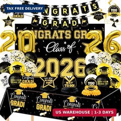 Graduation Decorations 2026 37 PCS – Black Gold Class of 2026 Party Supplies Kit