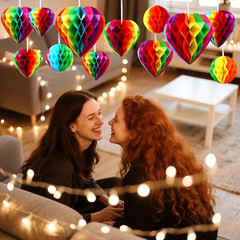 12 Pcs Rainbow Pride Heart round Paper Honeycomb Balls Pride Decorations, Heart