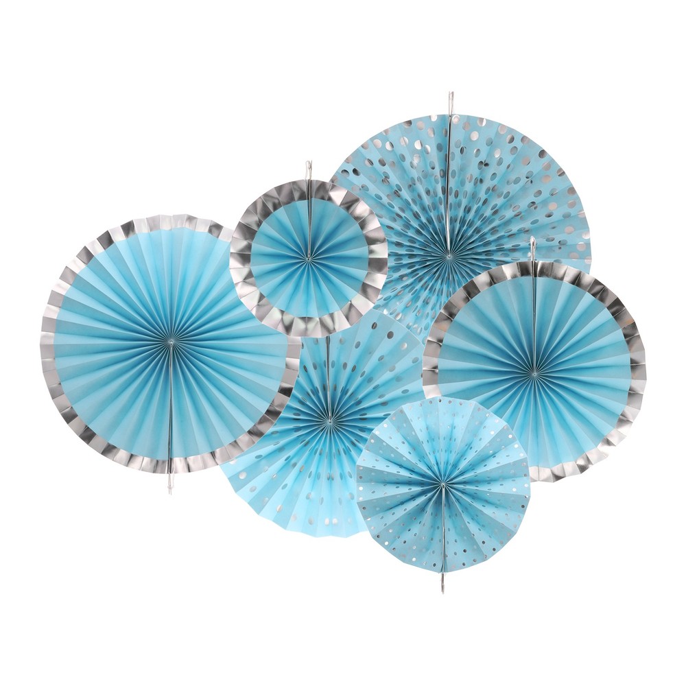 Hanging Paper Fans Set Paper Decorations for Party Birthday Blue Silver 6pcs