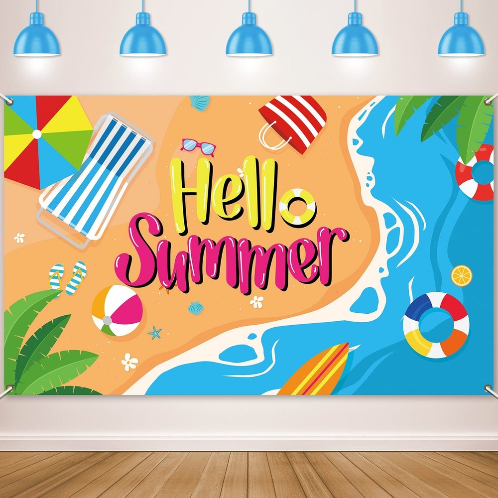 Hello Summer Hawaiian Beach Pool Party Backdrop Background Banner Decorations