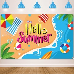 Hello Summer Hawaiian Beach Pool Party Backdrop Background Banner Decorations