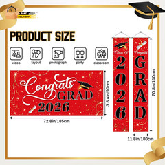 3 Pcs Graduation Decorations Class of 2026, Large Graduation Banners Set, Red &