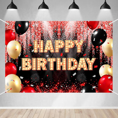 Happy Birthday Backdrop Banner Black and Red Theme Background with Neon Shiny