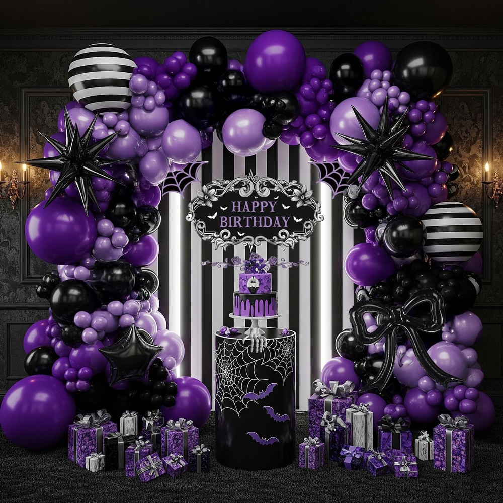 Purple Black Balloon Arch Garland Kit with Bow Star Mylar balloons and Gothic…