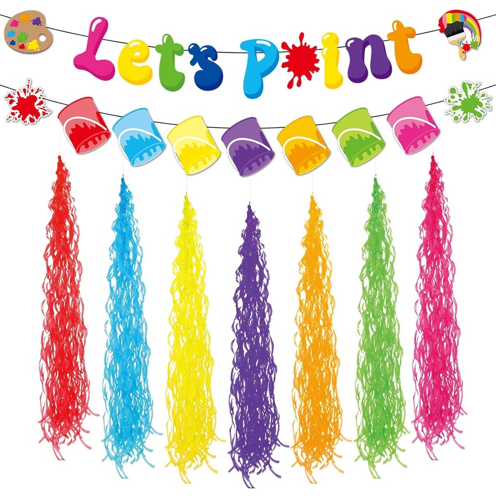Rainbow Paint Splatter Kids Party Banner Set Hanging Swirl Decorations