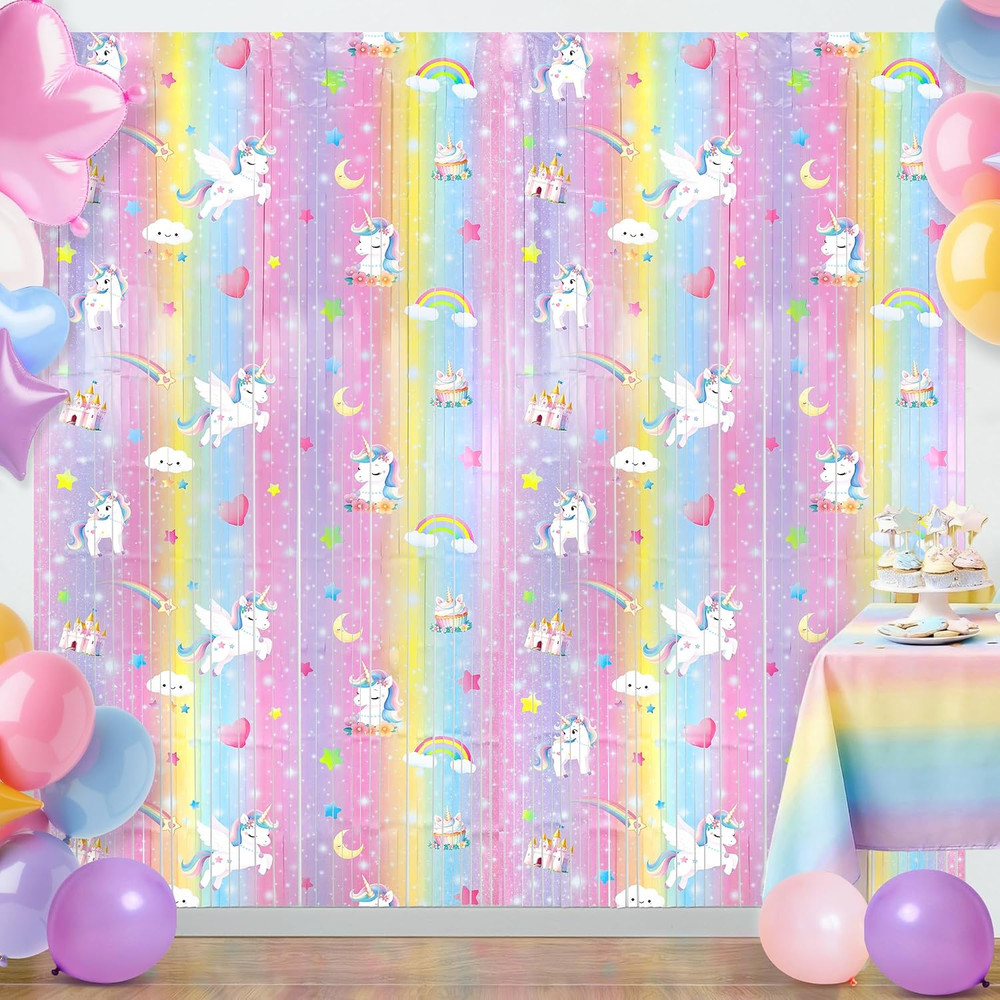 2Pack Unicorn Birthday Decorations 3.3X6.6Ft Unicorn Backdrop Foil Fringe Curtai