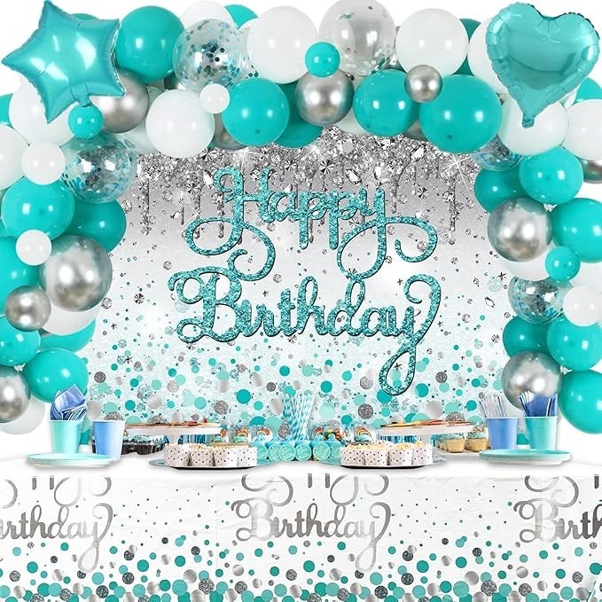 Happy Birthday Decorations – Teal & Silver Glitter Backdrop, Blue Balloons & …