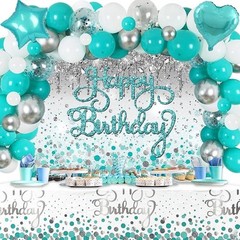 Happy Birthday Decorations – Teal & Silver Glitter Backdrop, Blue Balloons & …