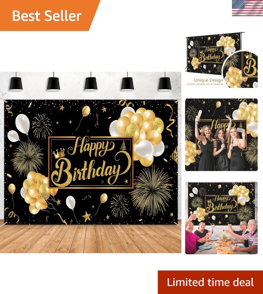 Chic Black & Gold Birthday Backdrop – Large 7x5ft Size for Celebratory Moments