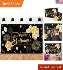 Chic Black & Gold Birthday Backdrop – Large 7x5ft Size for Celebratory Moments