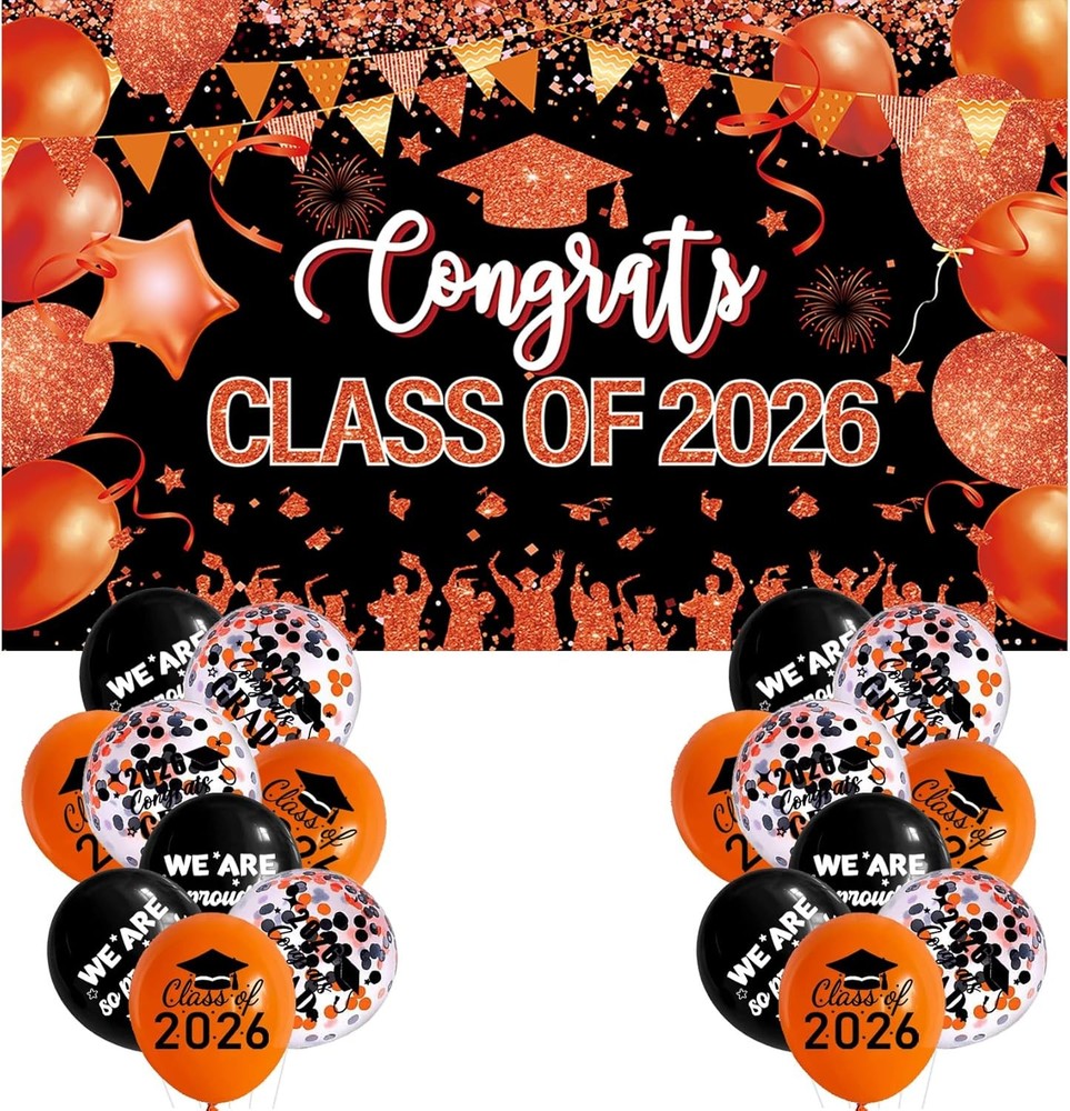 Orange and Black Graduation Decorations Class of 2026 Banner with 18 Pcs Grad Ba