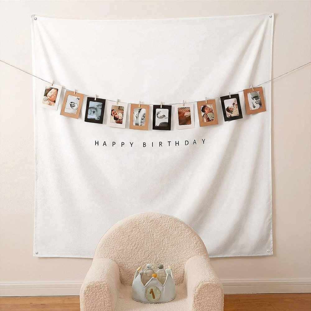 59X59 Inch Happy Birthday Backdrop Tapestry Minimalist Happy Birthday Banner Whi