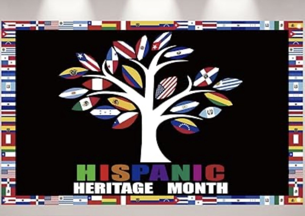 Hispanic Heritage Month Flag Banner Backdrop 71 X 43” Tree with flags & Border