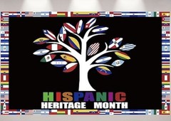 Hispanic Heritage Month Flag Banner Backdrop 71 X 43” Tree with flags & Border