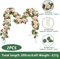 2 Pcs Pink 6.6Ft Artificial Eucalyptus Flower Garland with Fake Rose Flower Vine