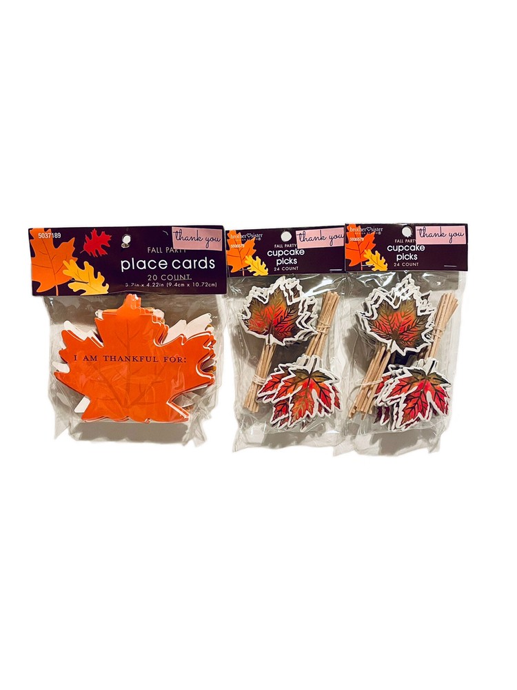 Place Party Cards Fall Leaves Table Décor 20ct and Cupcake Picks 24ct Lot 3