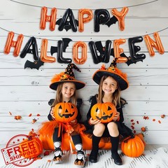 TONIFUL Halloween Balloons Banner Black Orange Happy