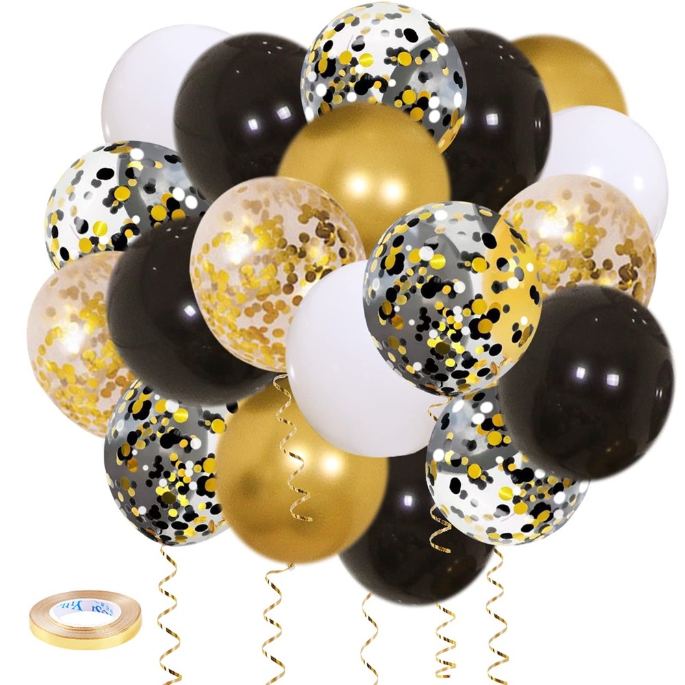 Black Gold Confetti Balloons 50 pack 12 Inch Gold White and Black Confetti B…