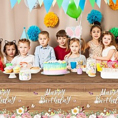 3 Pcs Floral Happy Birthday Tablecloths Cute Butterfly Wood Grain Table Cover