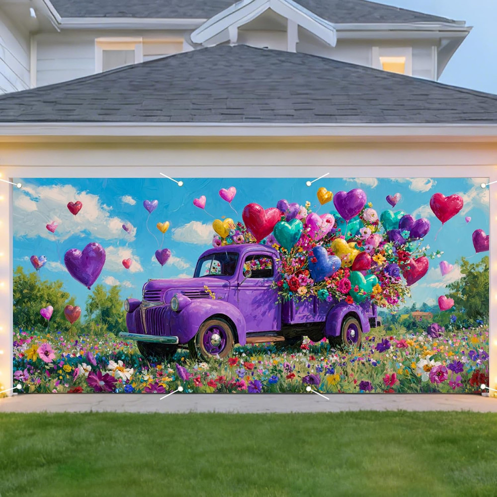 Spring Garage Door Cover Romantic Purple Truck Heart Balloon Flower Field Decora