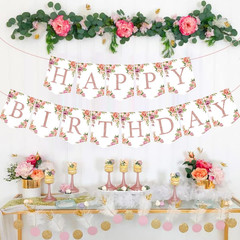 Rose Gold Floral Birthday Decorations – Glittery Happy Birthday Banner for Women