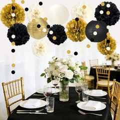 14PCS Black and Gold Party Decorations, Tissue Paper Pom Poms, Paper Lanterns…