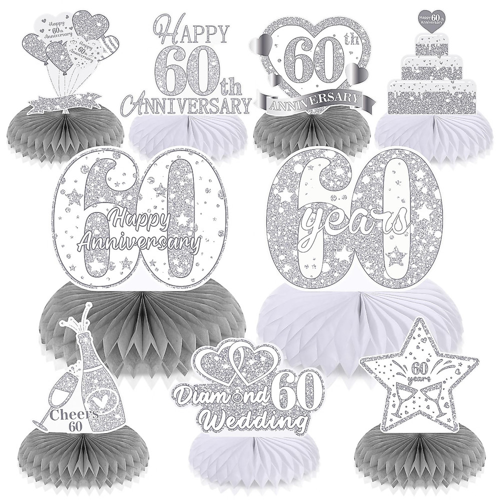Silver Glitter Happy 60th Anniversary Cake Topper & 9pc. Honeycomb Centerpieces