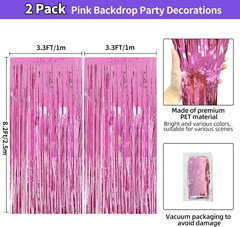 Pink Backdrop Birthday Party Decorations 3.3X8.2Ft, 2 Pack Tinsel Foil Fringe