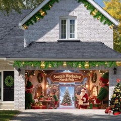 Christmas Garage Door Banner 13x6ft Santa’s Workshop Elves Christmas Tree