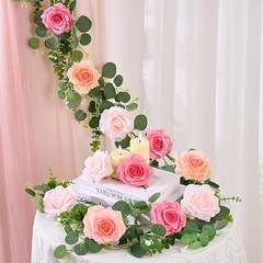 2Pcs 13 Ft Artificial Flower Garlands Real Touch Fake Floral Silk Pink Rose