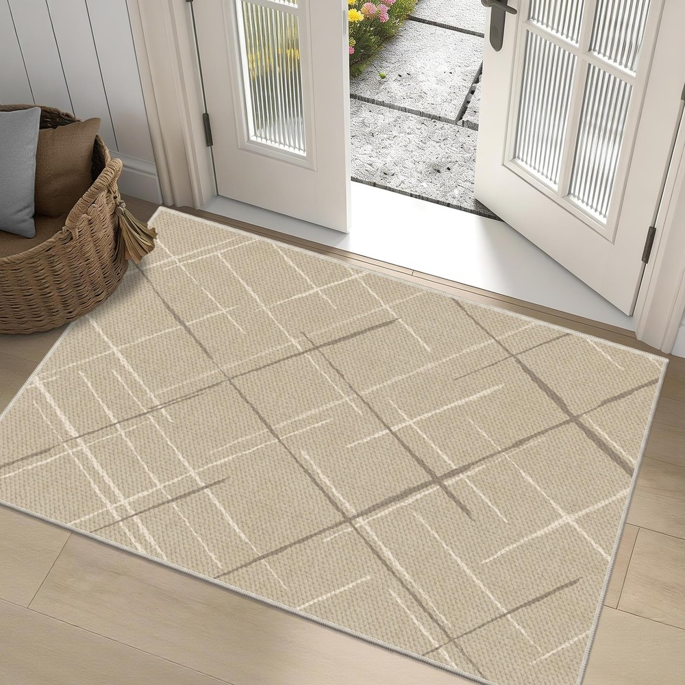 TTelephant 3×5 Area Rug Washable Entryway 3′ x 5′ (Rectangular), Line-beige