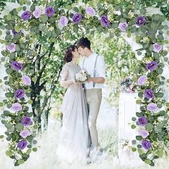 2 Pack 13Ft Artificial Eucalyptus Flower Garland with Purple Roses, Fake Rose