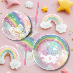 Pastel Rainbow Cloud 9 Birthday Decorations for Girls Tableware, We’Re on Cloud