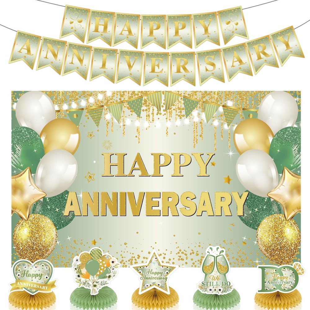 First Wedding Anniversary Decorations, Sage Green Happy Anniversary Banner An…