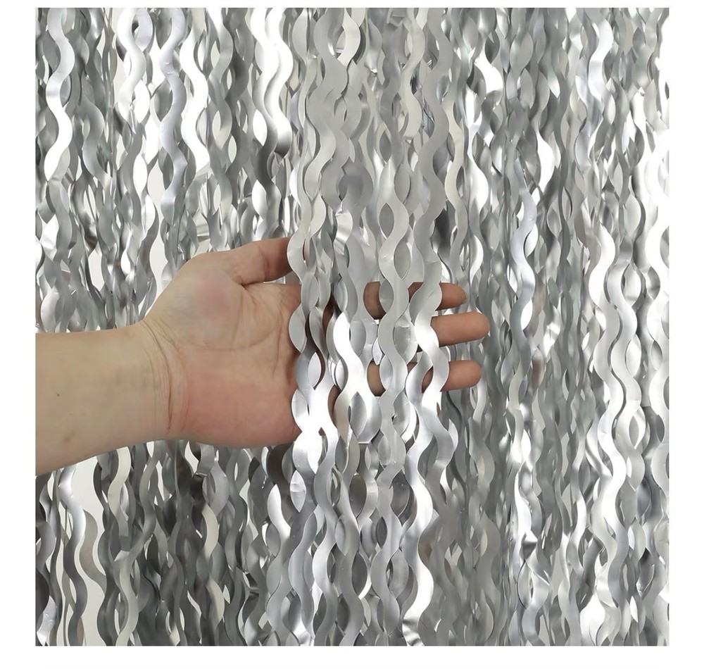 4 Pack 3.3×6.6ft Silver Foil Fringe Backdrop – Wavy Metallic Tinsel Foil Curt…