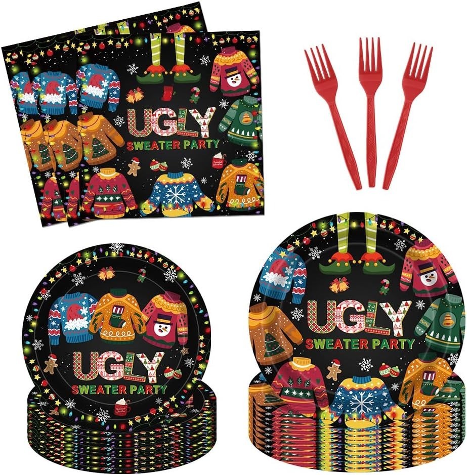 Christmas Ugly Sweater Disposable Tableware Set (Plates, Napkins, Forks)