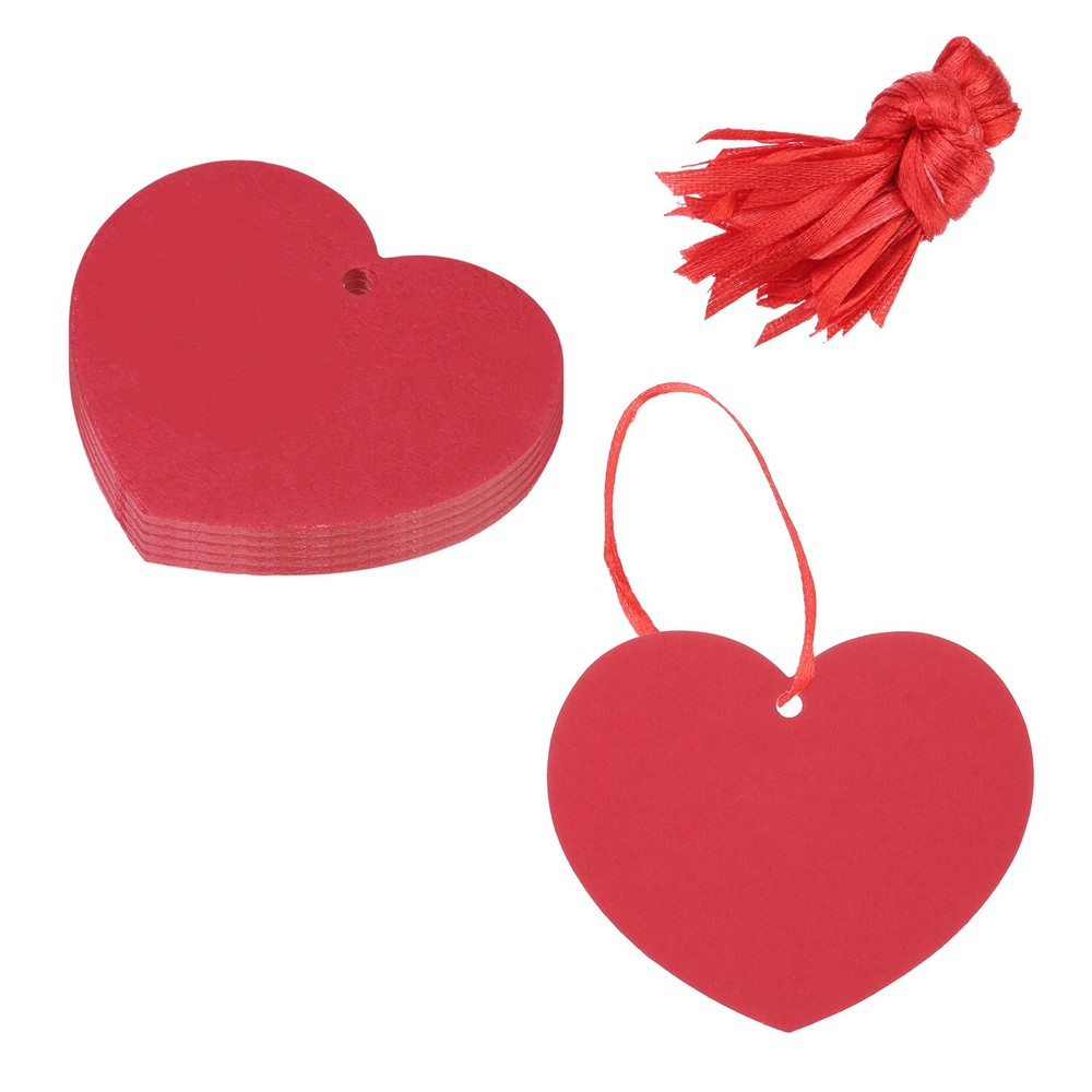 100PCS Heart Paper Cutouts 2.5 Inch Heart Shaped Tags with 100PCS Ribbon, Red