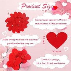 🔥2 Packs 72 Pcs Red Hearts Felt Garland Valentines Day Red Heart Hanging String