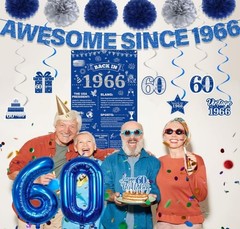 60Th Birthday Decorations Men Banner – 17 Pcs Blue Glitter Back in 1966 Birthday