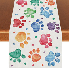 Watercolor Colorful Paw Prints Table Runner Happy Birthday Tablecloth Holiday Pa